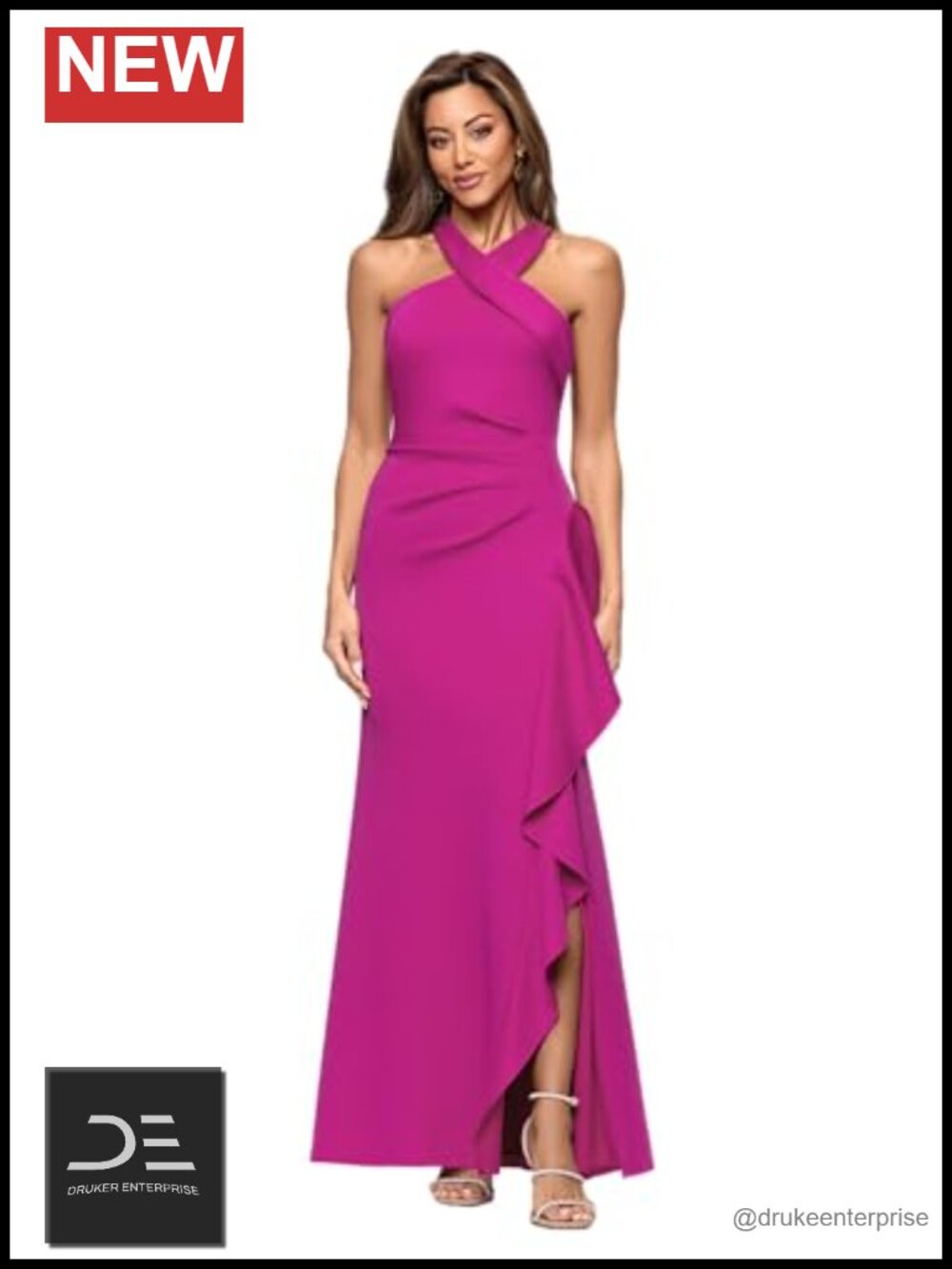 Xscape Bodycon Halter Evening Dress with Ruching & Ruffle Detail